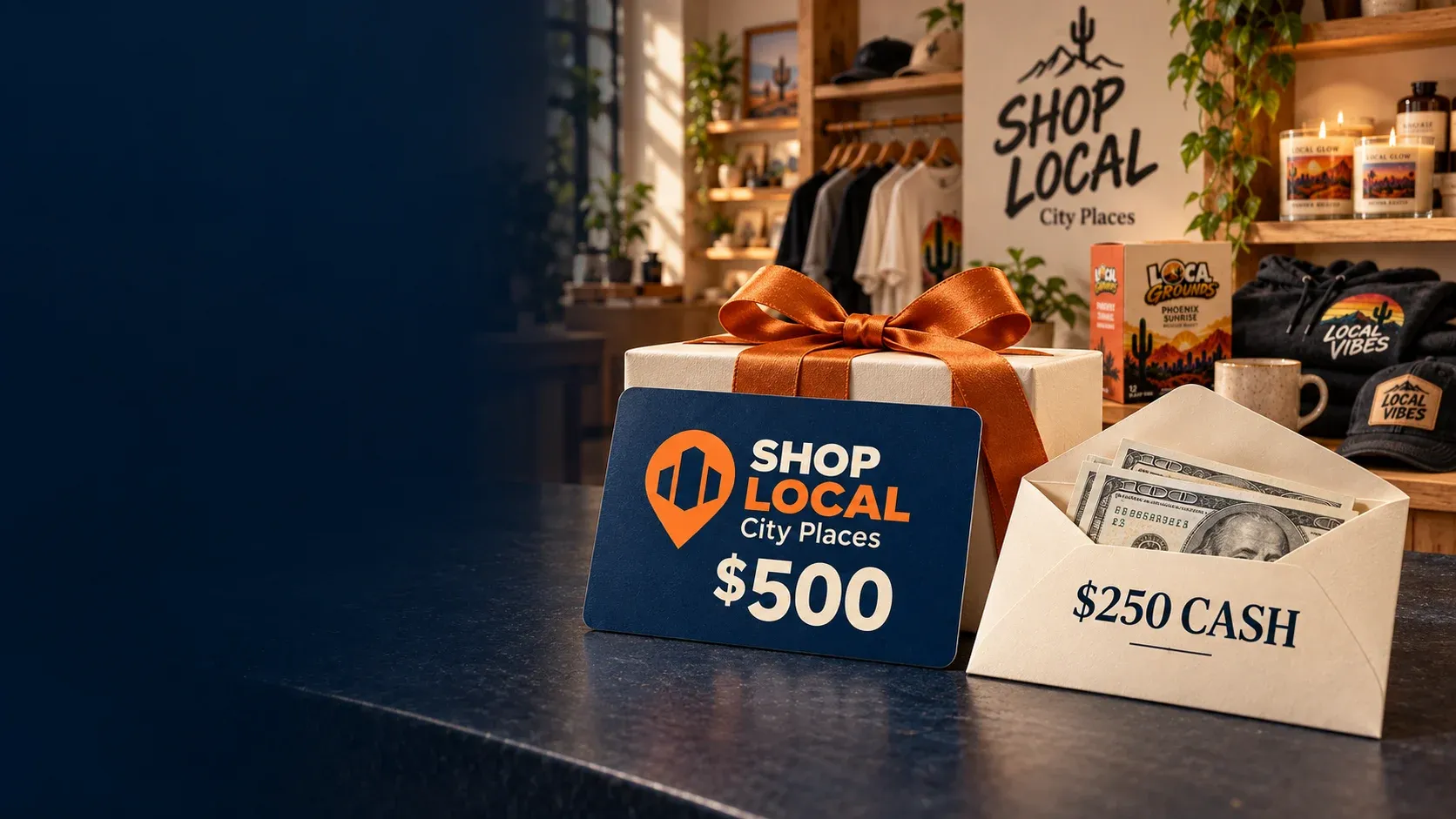 $500 SHOP LOCAL Indiana Places gift card and $250 cash envelope in front of a SHOP LOCAL store and product display.
